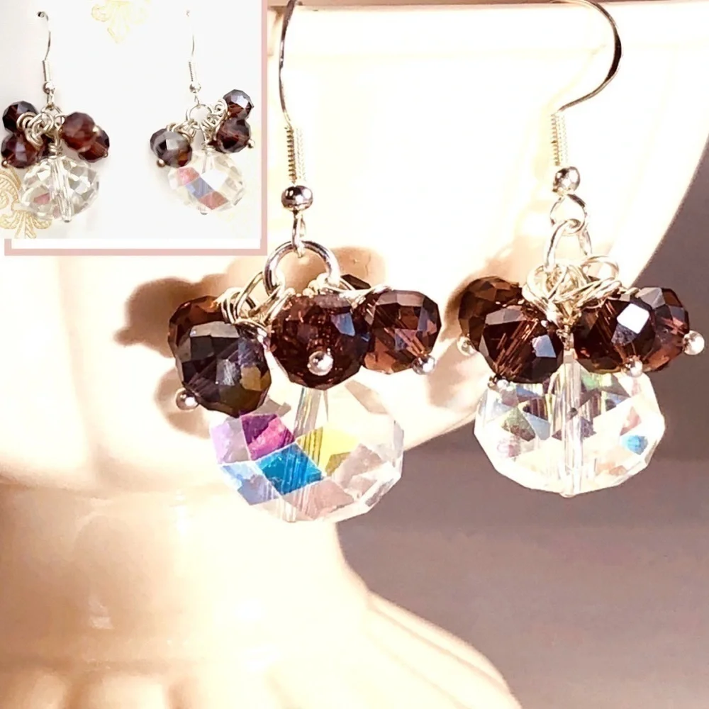 𝅺Sterling Silver Earrings Bead Fired Garnet & Austrian Crystal - Picture 12 of 12